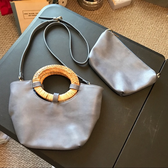 Anthropologie Periwinkle Denim Blue Handbag Rattan Handles Cross Shoulder wPouch - Picture 2 of 5